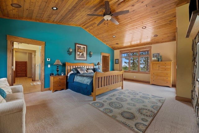 bedroom featuring wood ceiling, carpet floors, ceiling fan, and lofted ceiling