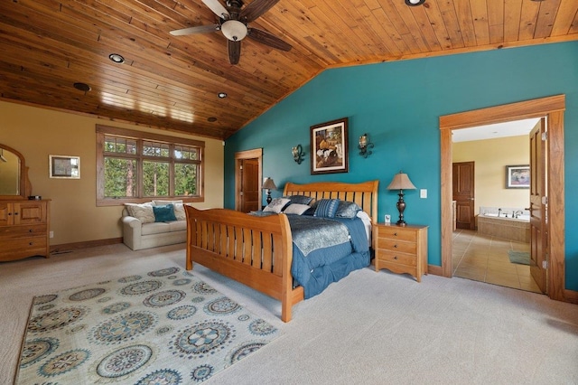 carpeted bedroom featuring vaulted ceiling, wood ceiling, and ceiling fan