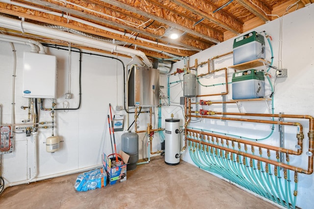 utility room featuring tankless water heater and water heater