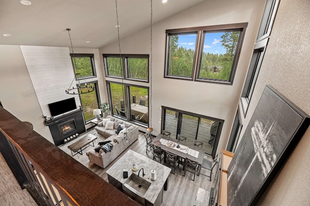 living room with hardwood / wood-style flooring, a fireplace, a wealth of natural light, and high vaulted ceiling