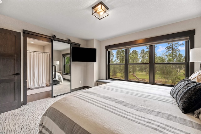 bedroom featuring radiator heating unit, a barn door, a textured ceiling, and hardwood / wood-style flooring