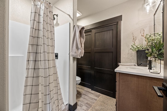 21242 Rubys Way, Lead, SD 57754 - bathroom featuring vanity, a shower with curtain, toilet, wood finished floors, and a textured wall