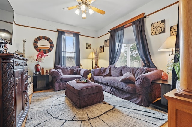 living room featuring a ceiling fan and wood finished floors