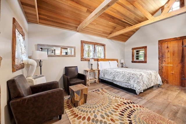 bedroom with lofted ceiling with beams, wooden ceiling, and hardwood / wood-style flooring