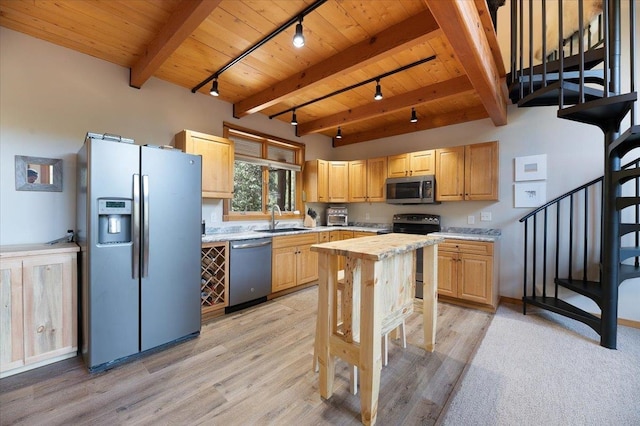 kitchen featuring light brown cabinetry, stainless steel appliances, light wood-type flooring, sink, and wood ceiling