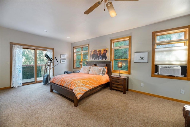 bedroom with carpet, ceiling fan, access to exterior, and cooling unit