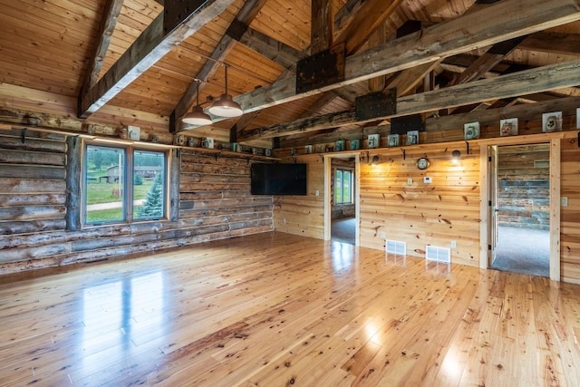 23470 Mineral Ln, Hill City, SD 57745 - unfurnished living room with high vaulted ceiling, wood walls, wood-type flooring, wooden ceiling, and beam ceiling