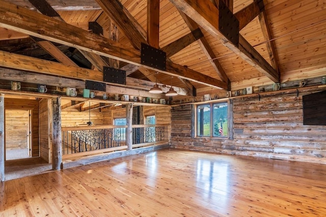 23470 Mineral Ln, Hill City, SD 57745 - unfurnished living room featuring wood ceiling, hardwood / wood-style flooring, beam ceiling, high vaulted ceiling, and wood walls