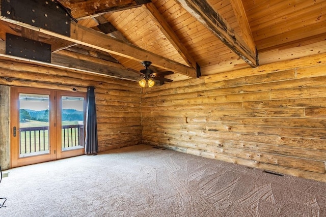 23470 Mineral Ln, Hill City, SD 57745 - carpeted empty room featuring high vaulted ceiling, beamed ceiling, log walls, ceiling fan, and wood ceiling