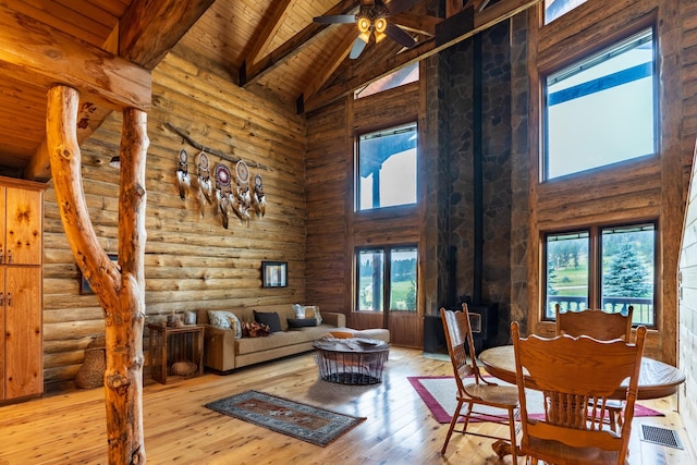 23470 Mineral Ln, Hill City, SD 57745 - living room with light hardwood / wood-style flooring, wooden ceiling, a wood stove, beamed ceiling, and ceiling fan