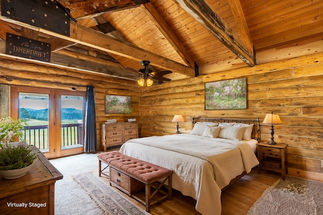 23470 Mineral Ln, Hill City, SD 57745 - bedroom featuring beamed ceiling, access to exterior, high vaulted ceiling, and wooden ceiling