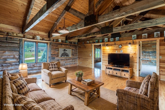 23470 Mineral Ln, Hill City, SD 57745 - living room with high vaulted ceiling, light wood-type flooring, wooden ceiling, beamed ceiling, and wood walls