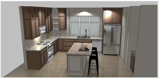 kitchen featuring tasteful backsplash, stainless steel appliances, a kitchen island, wooden counters, and sink