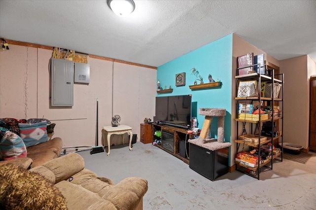 living room with electric panel and a textured ceiling