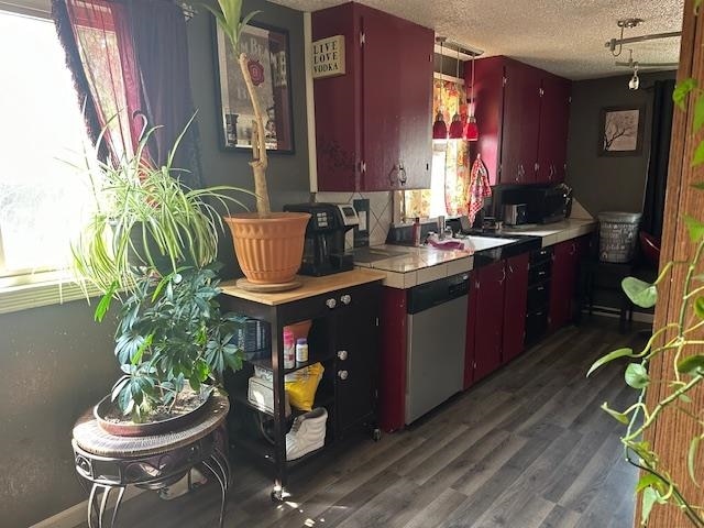 kitchen featuring sink, backsplash, a textured ceiling, dishwasher, and hardwood / wood-style flooring