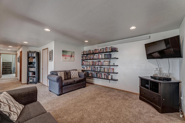 living room with light colored carpet and a textured ceiling