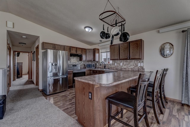 kitchen with a breakfast bar, lofted ceiling, sink, kitchen peninsula, and stainless steel appliances