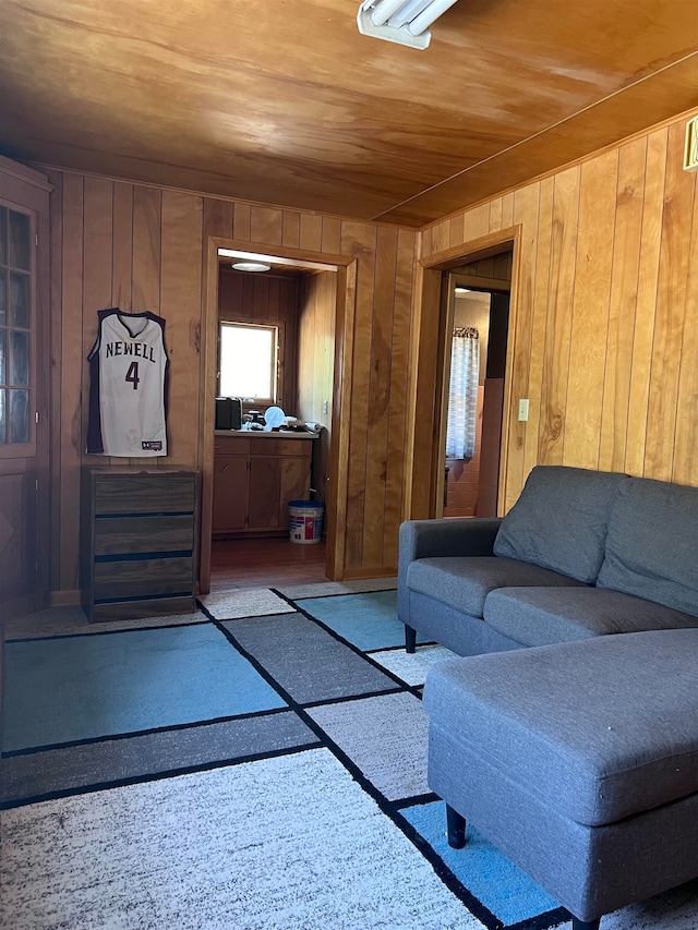 unfurnished living room with wooden walls and wood ceiling