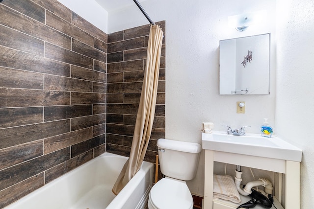 bathroom with toilet and shower / tub combo with curtain