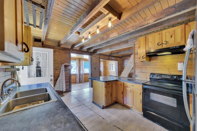 kitchen with black / electric stove, wooden walls, sink, and beamed ceiling