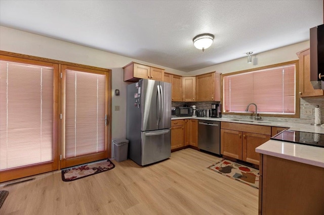 kitchen featuring sink, appliances with stainless steel finishes, light hardwood / wood-style flooring, and backsplash