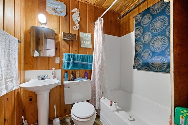 230 N Main St, Spearfish, SD 57783 - bathroom with toilet, wood walls, shower / tub combo with curtain, and wood ceiling