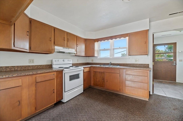 kitchen featuring sink and white range with electric cooktop