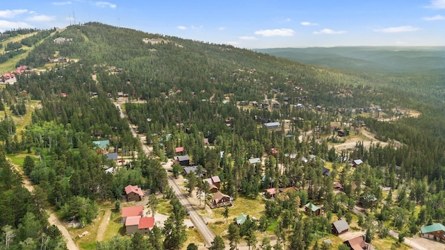 drone / aerial view featuring a mountain view and a view of trees