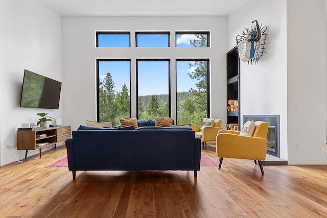 living room featuring a high ceiling and light hardwood / wood-style floors