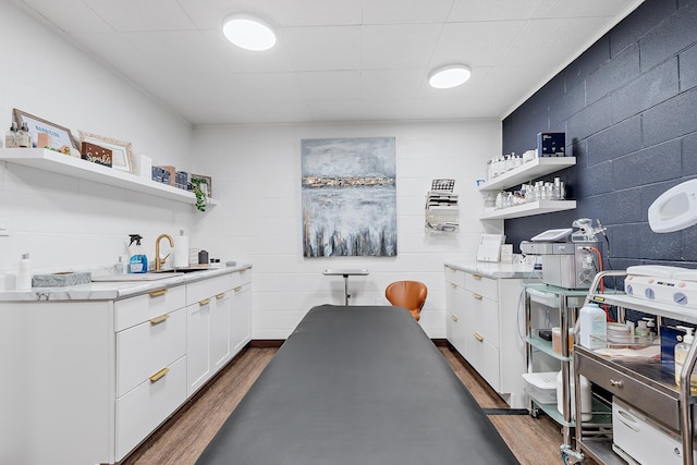 office space featuring sink and dark hardwood / wood-style flooring