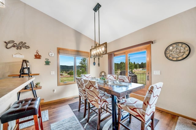 dining area with lofted ceiling, baseboards, wood finished floors, and a healthy amount of sunlight