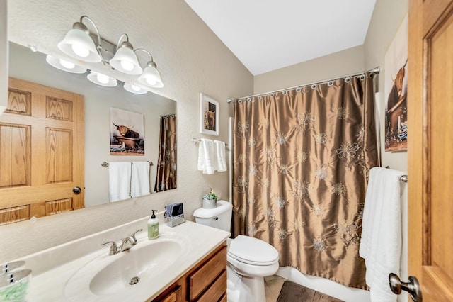 full bath with a textured wall, vanity, and toilet