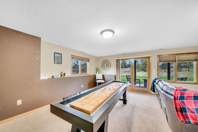 rec room with carpet floors, a textured wall, and a textured ceiling