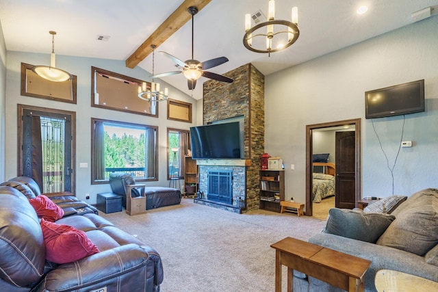 carpeted living room featuring ceiling fan with notable chandelier, high vaulted ceiling, beamed ceiling, and a fireplace