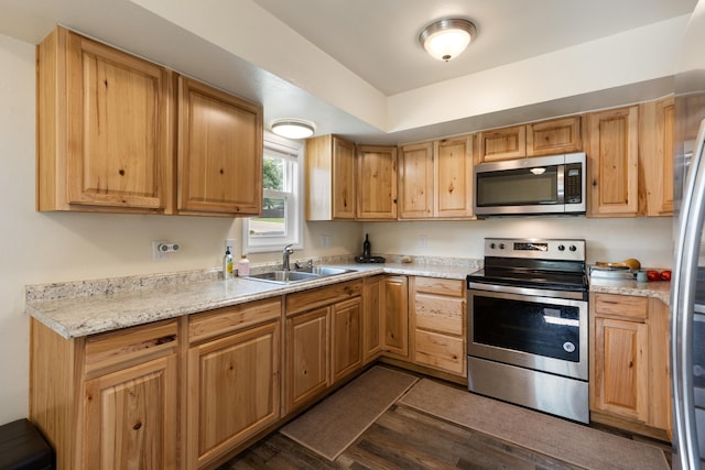 kitchen featuring dark hardwood / wood-style floors, sink, stainless steel appliances, and light stone countertops