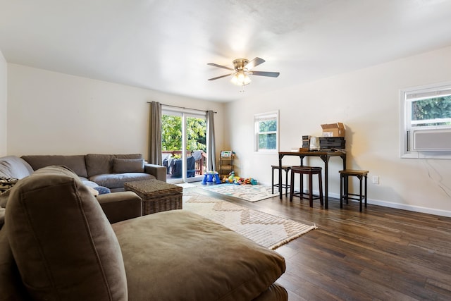 living room featuring ceiling fan, hardwood / wood-style flooring, and cooling unit