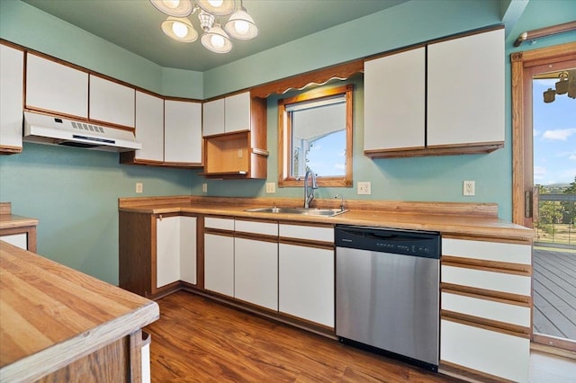 kitchen featuring sink, stainless steel dishwasher, white cabinetry, and dark wood-type flooring