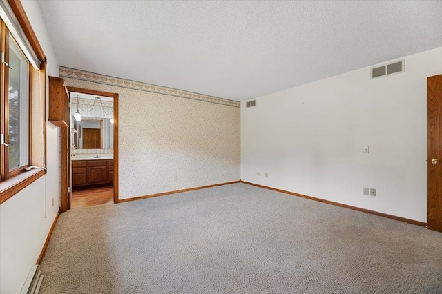 carpeted empty room featuring a textured ceiling