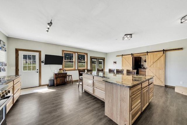 kitchen featuring a healthy amount of sunlight, a barn door, light brown cabinets, and dark wood-type flooring