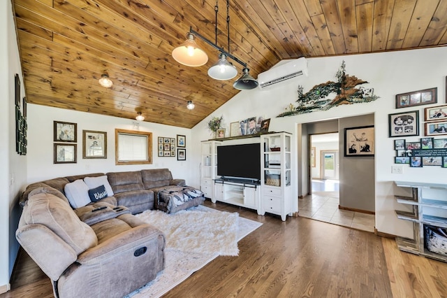 living room with a wall unit AC, wood ceiling, wood finished floors, and lofted ceiling