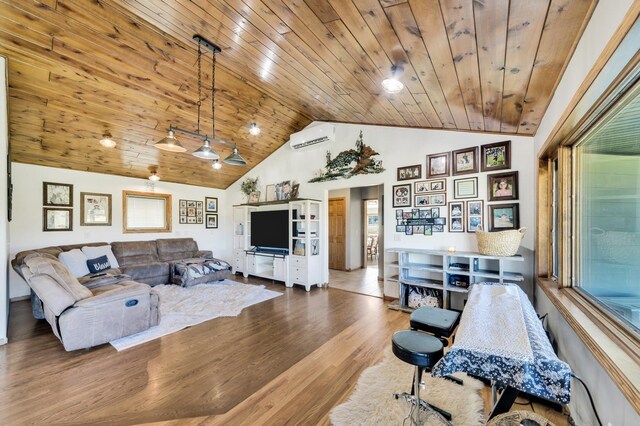 bedroom featuring a wall mounted AC, ceiling fan, and carpet floors