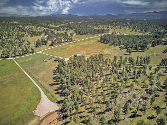 bird's eye view with a forest view and a mountain view