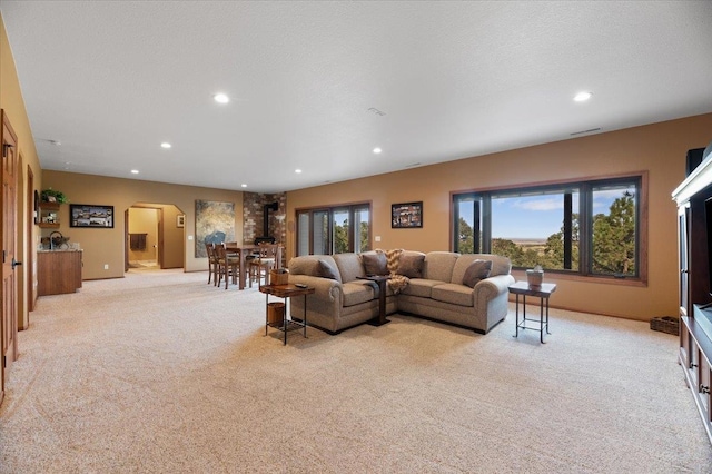 living room featuring a textured ceiling and light colored carpet