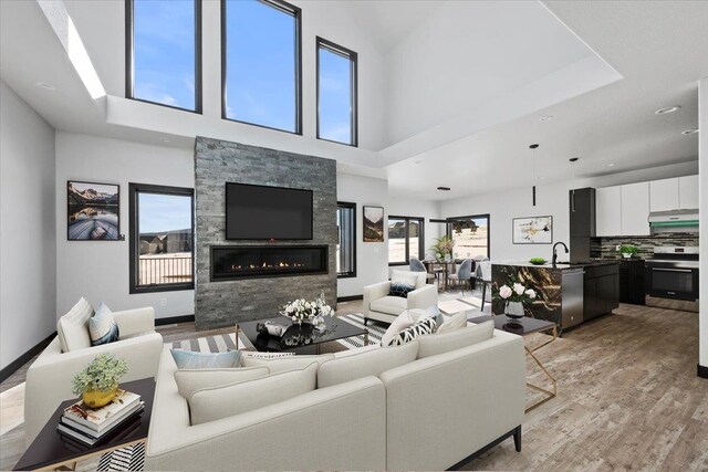 living room featuring a towering ceiling, a fireplace, and light hardwood / wood-style floors