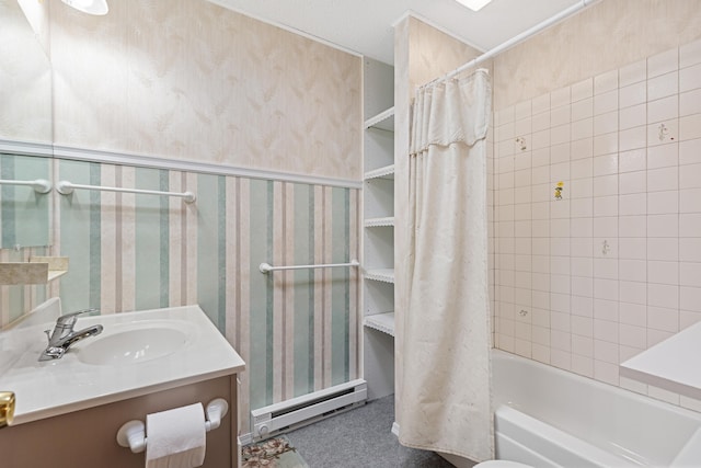 full bathroom featuring wallpapered walls, vanity, shower / bath combo with shower curtain, and baseboard heating