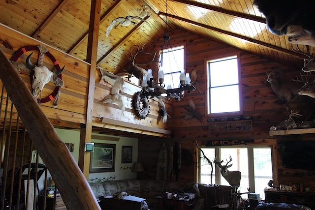 unfurnished living room with a wealth of natural light, high vaulted ceiling, and wood ceiling