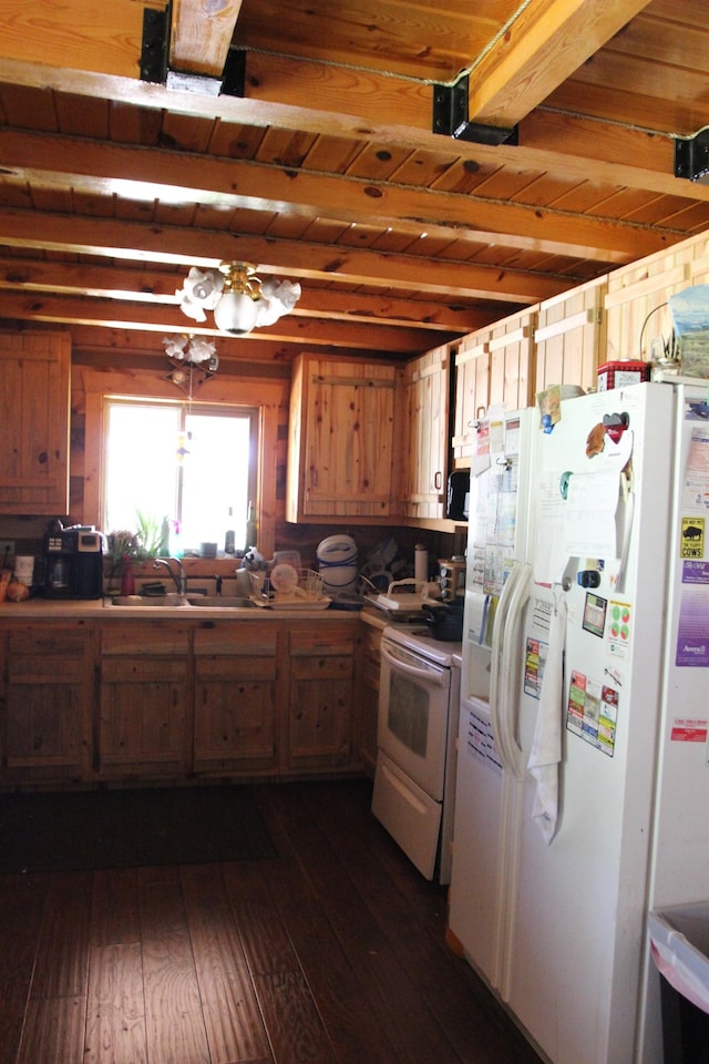 kitchen with white appliances, wood ceiling, dark hardwood / wood-style floors, and sink