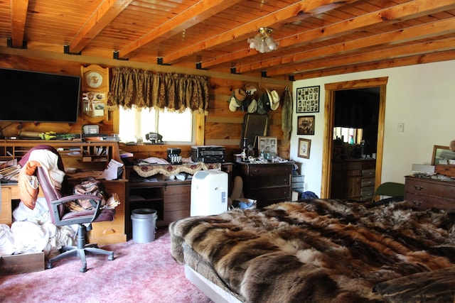 bedroom with carpet flooring, wood walls, beamed ceiling, and wooden ceiling