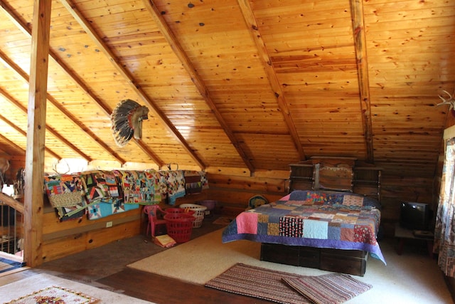 bedroom featuring wooden walls, wooden ceiling, and lofted ceiling with beams