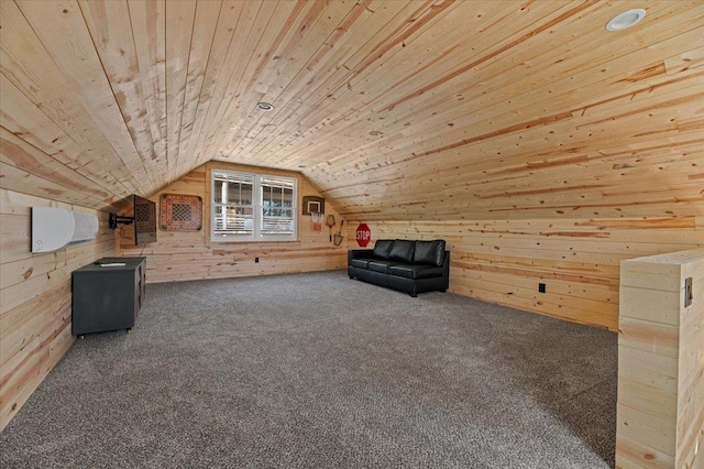 bonus room with vaulted ceiling, wood ceiling, carpet flooring, and wood walls